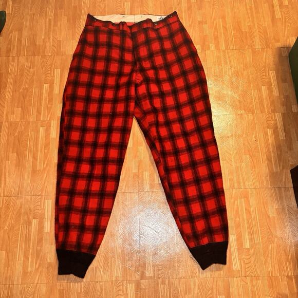 Woolrich Red Black Buffalo Plaid Wool Pants Quilted Lined Vintage Outdoor 36 M/L - Picture 1 of 5